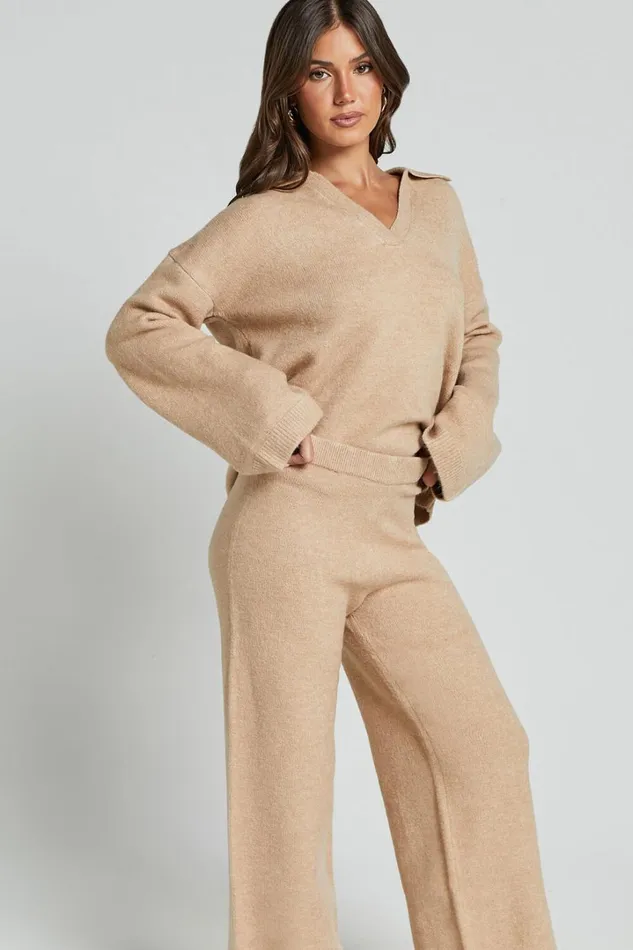 Livia Pants 8211 Knitted High Waisted Side Split Pants In Beige Marl Women Showpo Pants