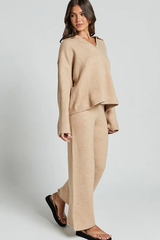 Livia Pants 8211 Knitted High Waisted Side Split Pants In Beige Marl Women Showpo Pants