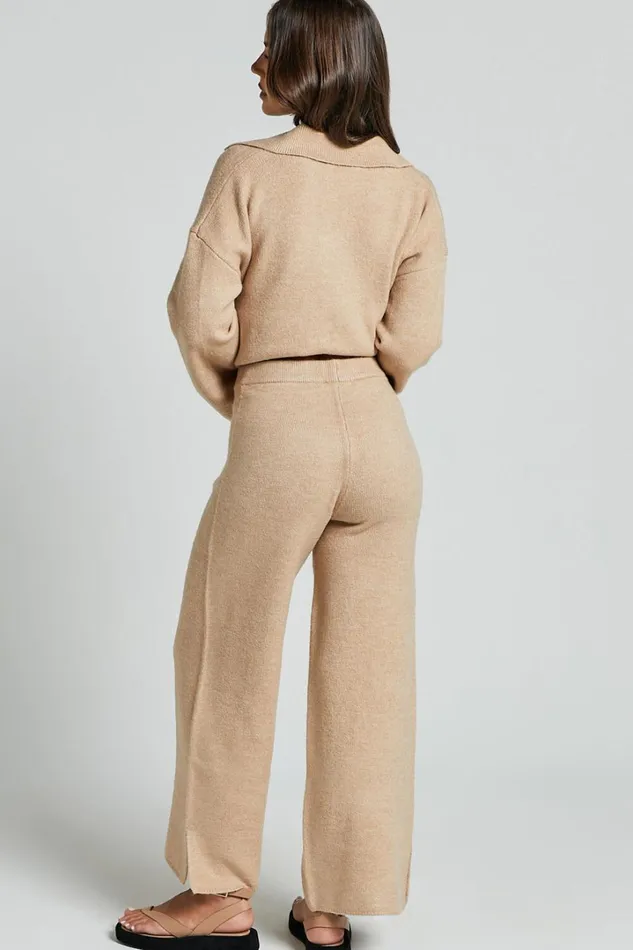 Livia Pants 8211 Knitted High Waisted Side Split Pants In Beige Marl Women Showpo Pants