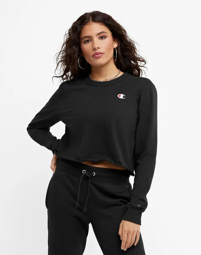 LongSleeve Crop Top C Logo Black Women Champion TShirts and Tops