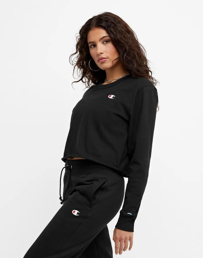 LongSleeve Crop Top C Logo Black Women Champion TShirts and Tops