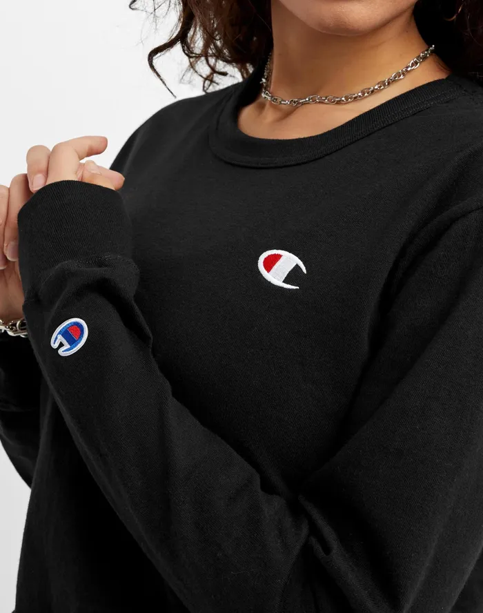LongSleeve Crop Top C Logo Black Women Champion TShirts and Tops