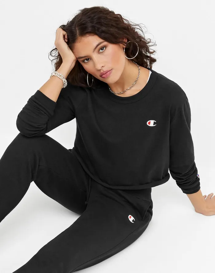 LongSleeve Crop Top C Logo Black Women Champion TShirts and Tops