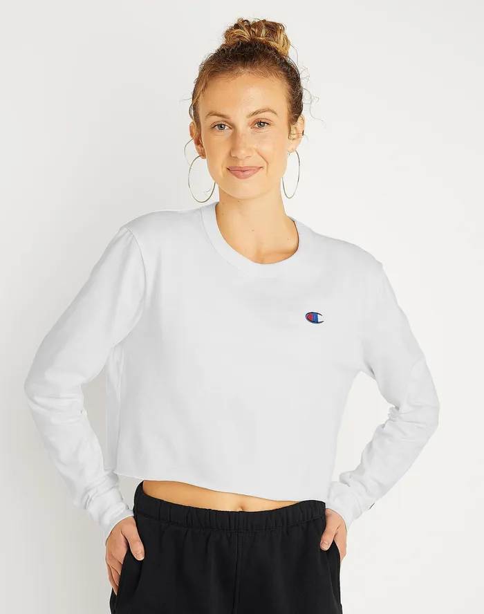 LongSleeve Crop Top C Logo White Women Champion TShirts and Tops