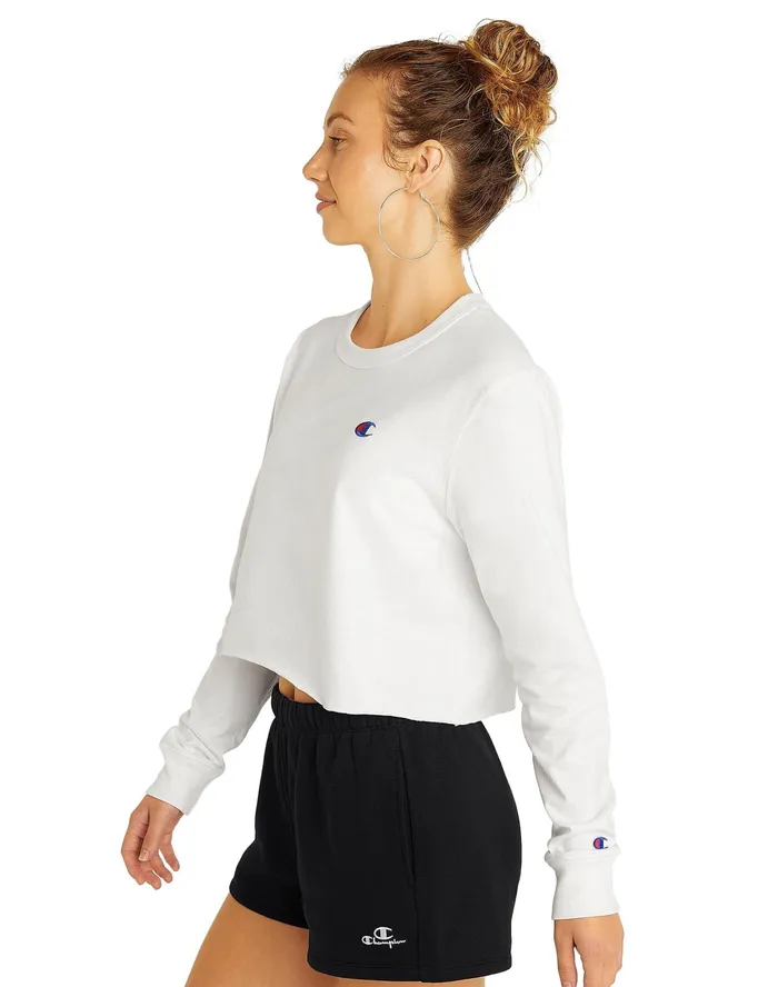 LongSleeve Crop Top C Logo White Women Champion TShirts and Tops