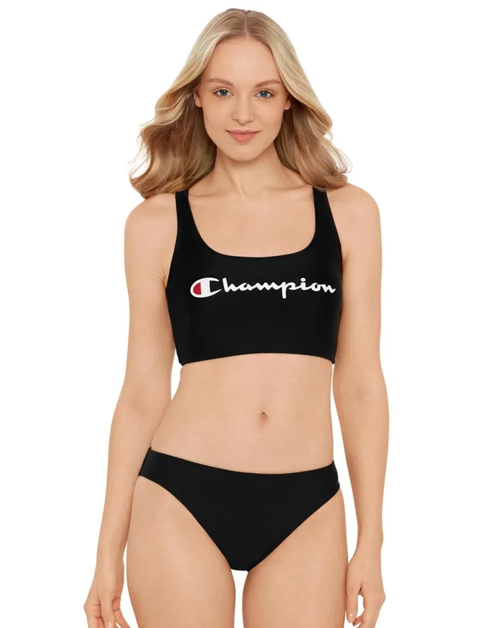 Longline Tank Bathing Suit Top Striped Print C Logo Black Women Champion Swimwear