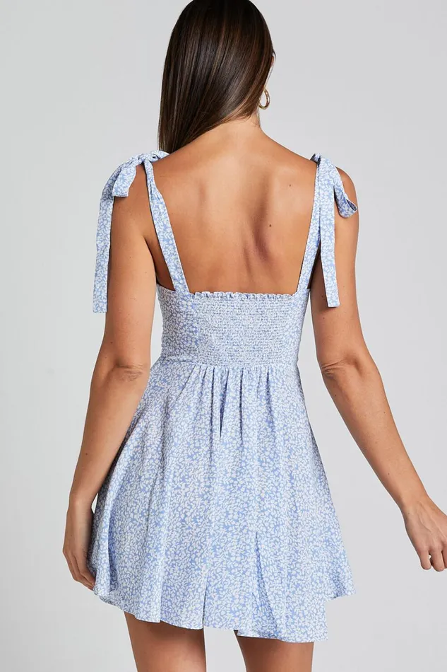 Lorreta Mini Dress 8211 Tie Shoulder Sweetheart Dress In Dusty Blue Floral Women Showpo Curve Clothes