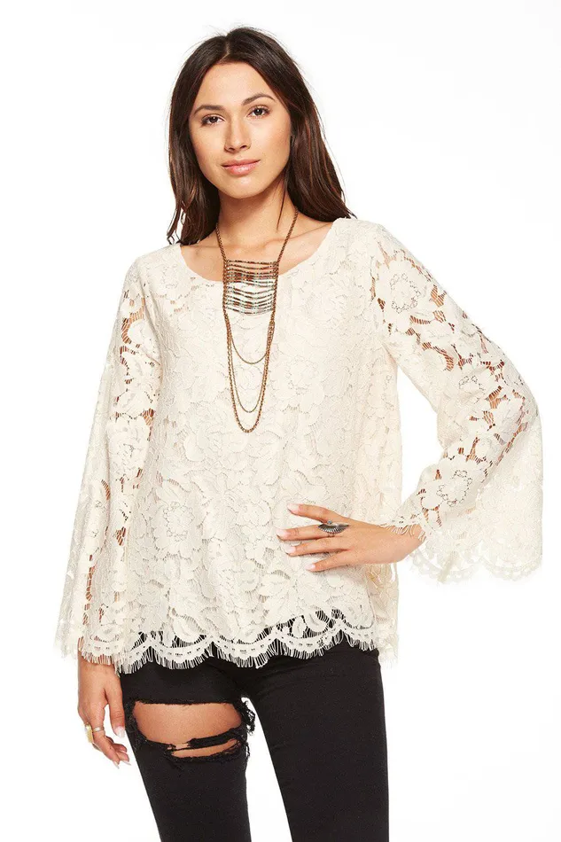 Loungewear Chaser Brand Womens VINTAGE METALLIC LACE OPEN BACK BELL SLEEVE TOP