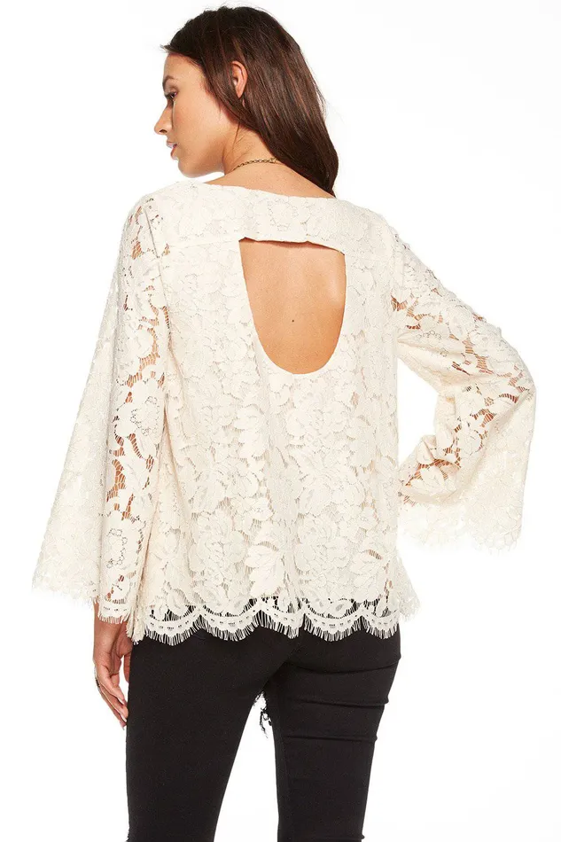 Loungewear Chaser Brand Womens VINTAGE METALLIC LACE OPEN BACK BELL SLEEVE TOP