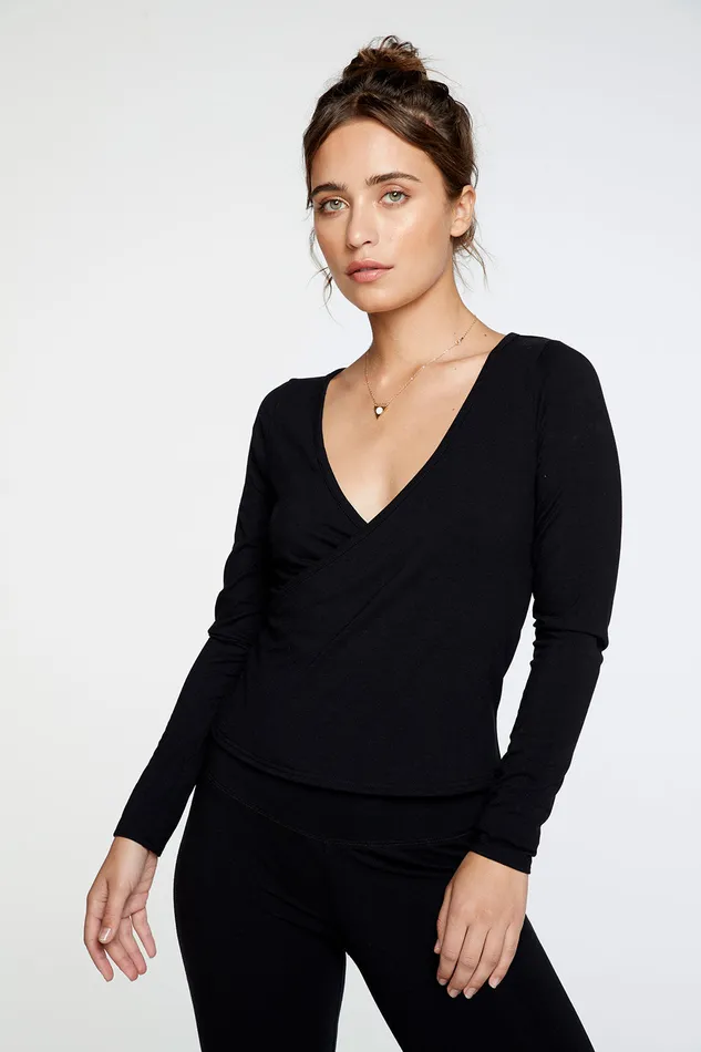 Loungewear Womens Quadrablend Long Sleeve Ballet Wrap Top in True Black Chaser Brand
