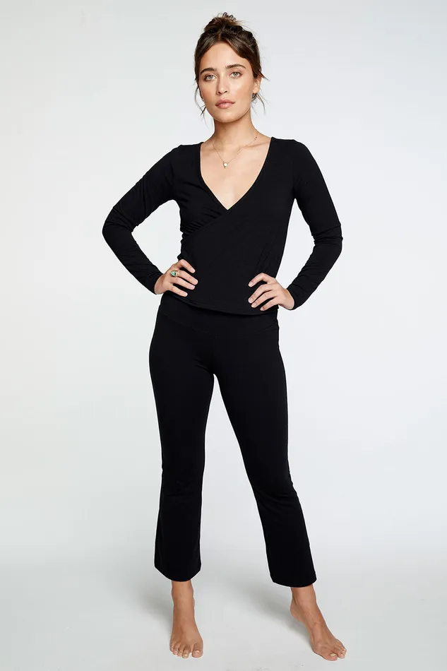 Loungewear Womens Quadrablend Long Sleeve Ballet Wrap Top in True Black Chaser Brand