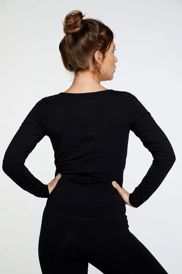 Loungewear Womens Quadrablend Long Sleeve Ballet Wrap Top in True Black Chaser Brand