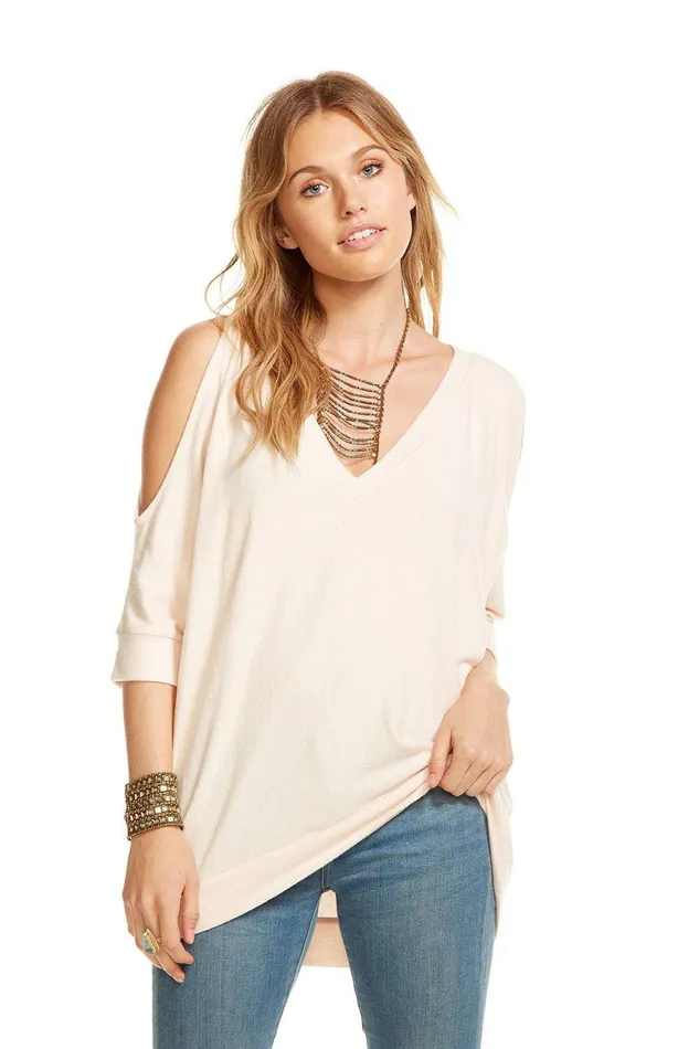 LOVE KNIT 34 SLEEVE V NECK COLD SHOULDER HI LO DOLMAN Loungewear Chaser Brand Womens