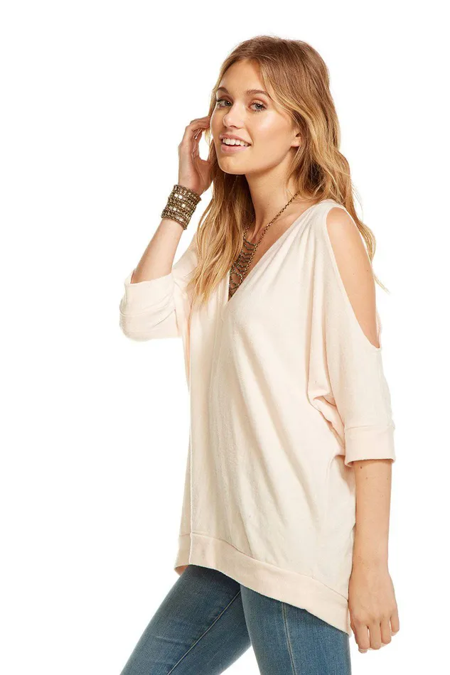 LOVE KNIT 34 SLEEVE V NECK COLD SHOULDER HI LO DOLMAN Loungewear Chaser Brand Womens