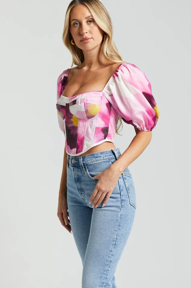 Lucienna Top 8211 Sweetheart Blouson Puff Sleeve Corset In Zinnia Bloom Women Showpo Tops