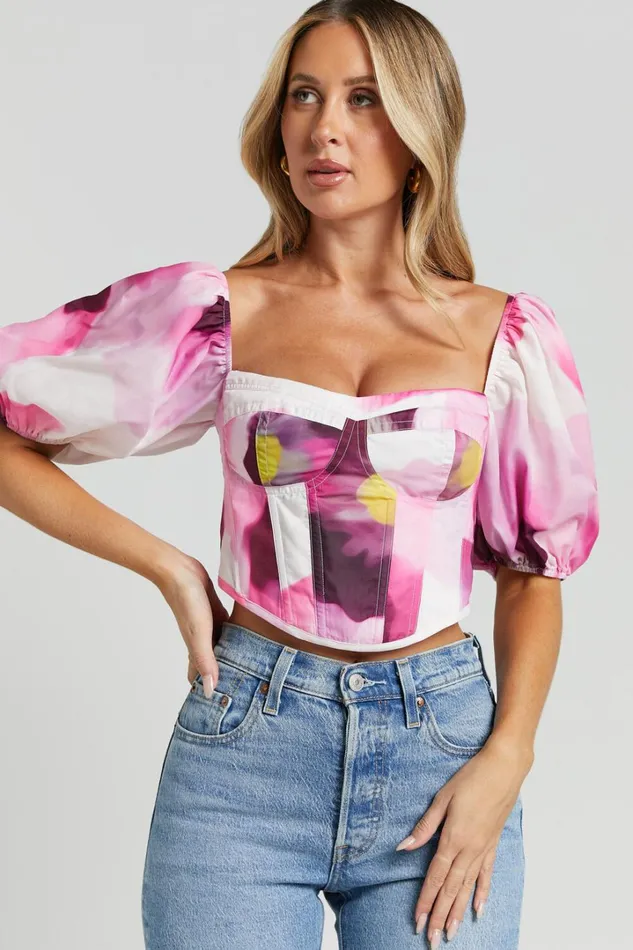 Lucienna Top 8211 Sweetheart Blouson Puff Sleeve Corset In Zinnia Bloom Women Showpo Tops