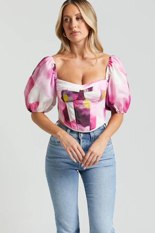 Lucienna Top 8211 Sweetheart Blouson Puff Sleeve Corset In Zinnia Bloom Women Showpo Tops