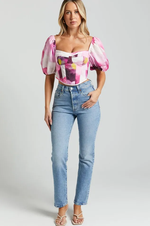 Lucienna Top 8211 Sweetheart Blouson Puff Sleeve Corset In Zinnia Bloom Women Showpo Tops