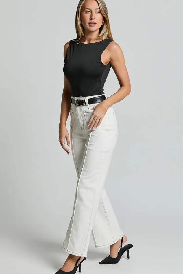 Malcolm Jeans 8211 Mid Rise Contrast Stitch Flared Denim Jeans In White Denim Women Showpo Denim