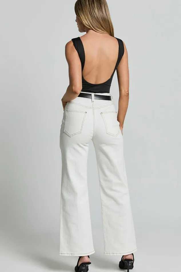 Malcolm Jeans 8211 Mid Rise Contrast Stitch Flared Denim Jeans In White Denim Women Showpo Denim