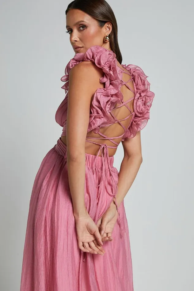Marielly Maxi Dress 8211 Side Cut Out V Neck Ruffle Detail Sleeve Dress In Pink Women Showpo Curve Clothes
