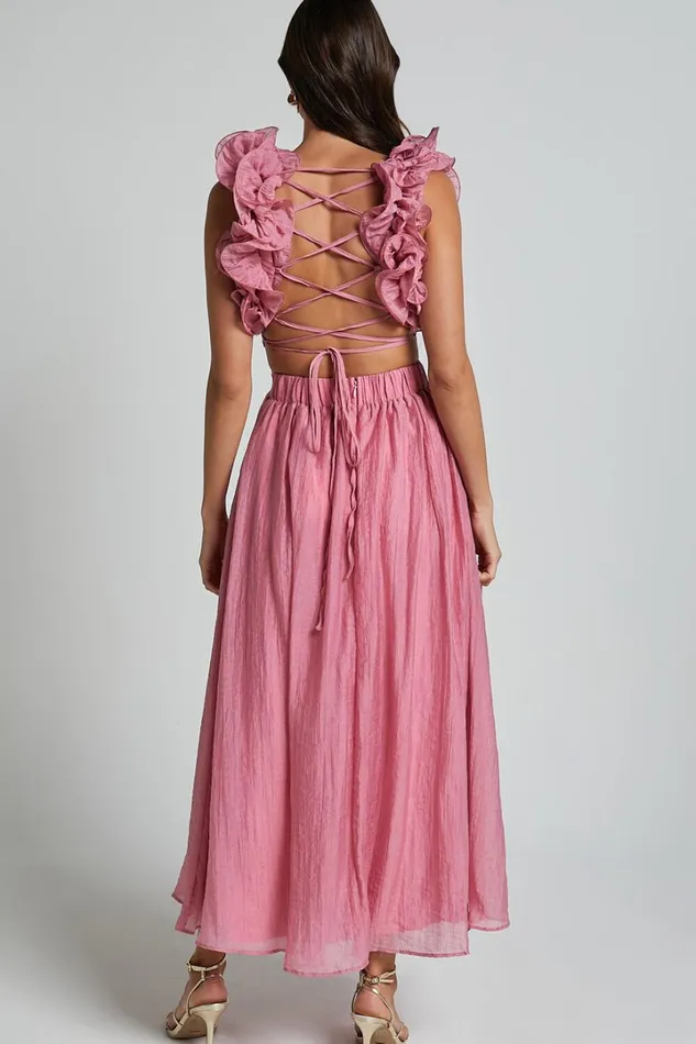 Marielly Maxi Dress 8211 Side Cut Out V Neck Ruffle Detail Sleeve Dress In Pink Women Showpo Curve Clothes