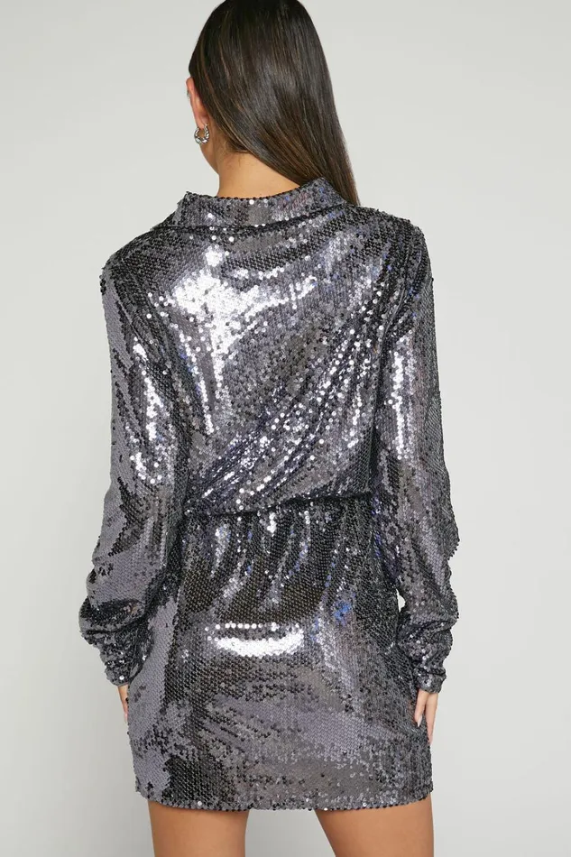Marija Mini Dress 8211 Sequin Wrap Shirt Dress In Gunmetal Women Showpo Dresses
