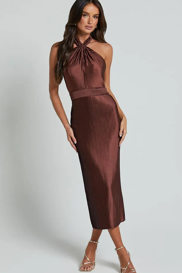 Marlette Midi Dress 8211 Pleated Open Back Halter Dress In Chocolate Women Showpo Curve Clothes Marlette Midi Dress 8211 Pleated Open Back Halter Dress In Chocolate Women Showpo Curve Clothes