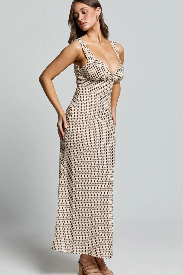 Mauriel Midi Dress 8211 Deep V Gathered Bust Slip Dress In Natural Geo Women Showpo Dresses