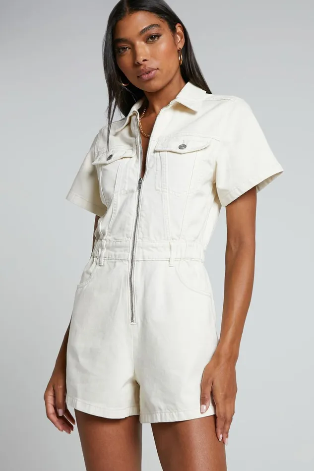 Mauriel Playsuit 8211 Recycled Cotton Utility Playsuit In Ecru Women Showpo Rompers