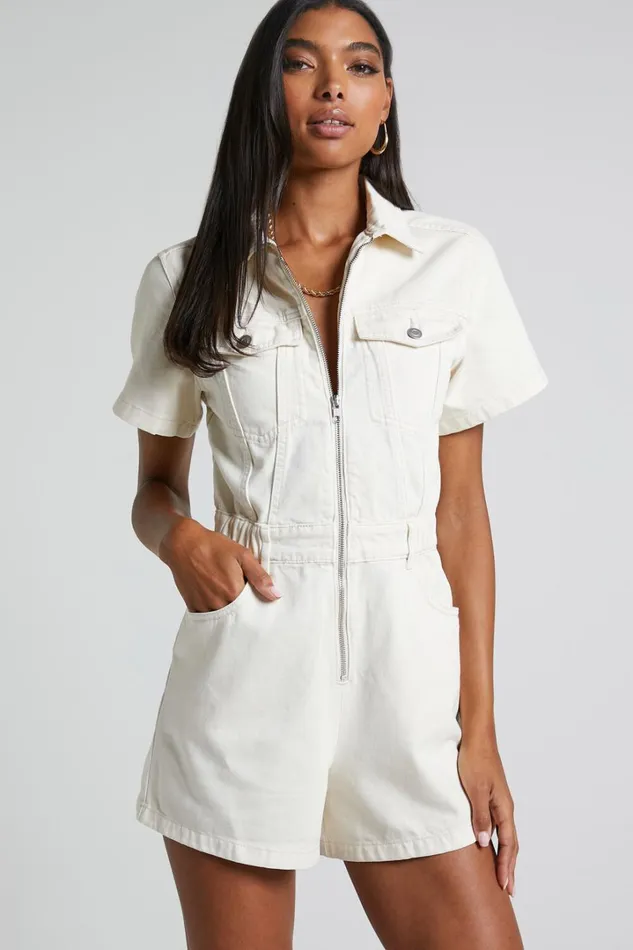 Mauriel Playsuit 8211 Recycled Cotton Utility Playsuit In Ecru Women Showpo Rompers