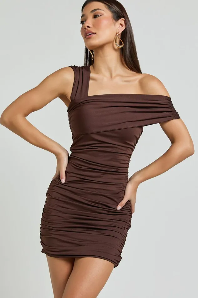 Meadow Mini Dress 8211 Asymmetrical Off Shoulder Jersey Ruched Dress In Chocolate Women Showpo Curve Clothes