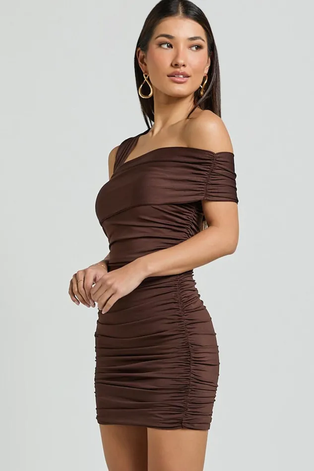 Meadow Mini Dress 8211 Asymmetrical Off Shoulder Jersey Ruched Dress In Chocolate Women Showpo Curve Clothes
