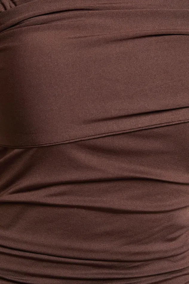 Meadow Mini Dress 8211 Asymmetrical Off Shoulder Jersey Ruched Dress In Chocolate Women Showpo Curve Clothes