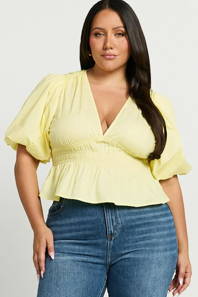 Mellie Top 8211 Puff Sleeve Peplum Top In Yellow Women Showpo Curve Clothes
