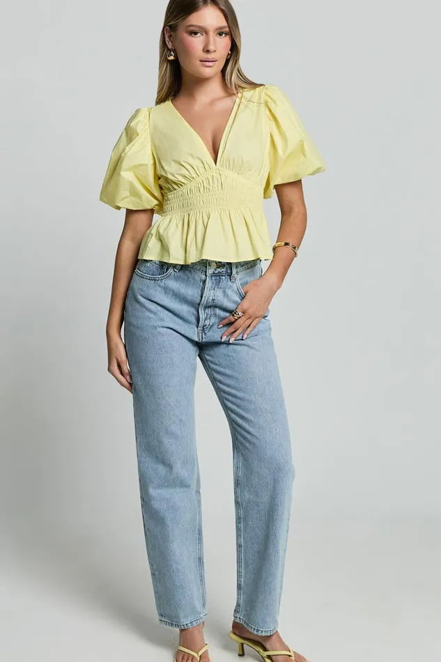 Mellie Top 8211 Puff Sleeve Peplum Top In Yellow Women Showpo Curve Clothes