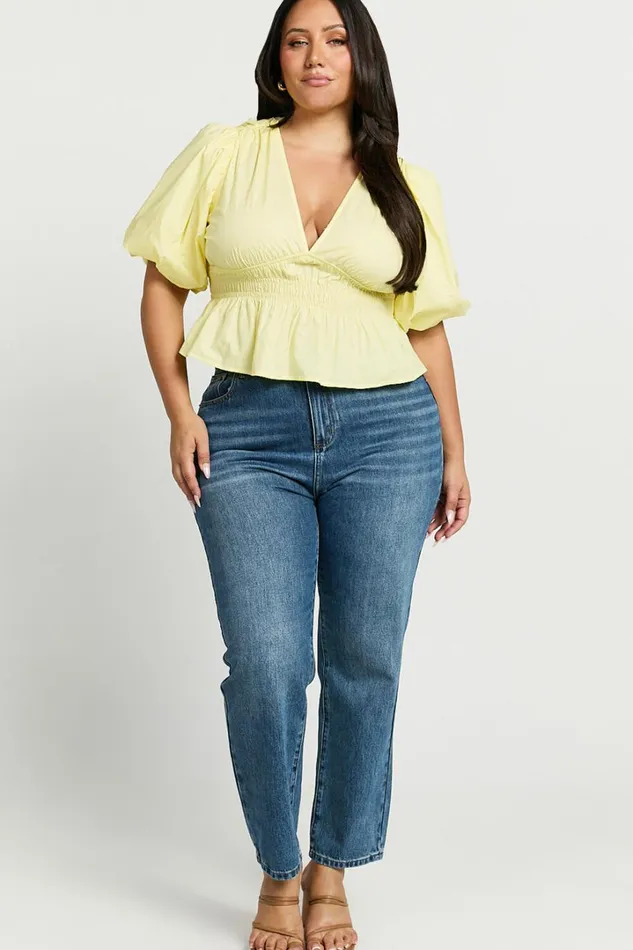 Mellie Top 8211 Puff Sleeve Peplum Top In Yellow Women Showpo Curve Clothes