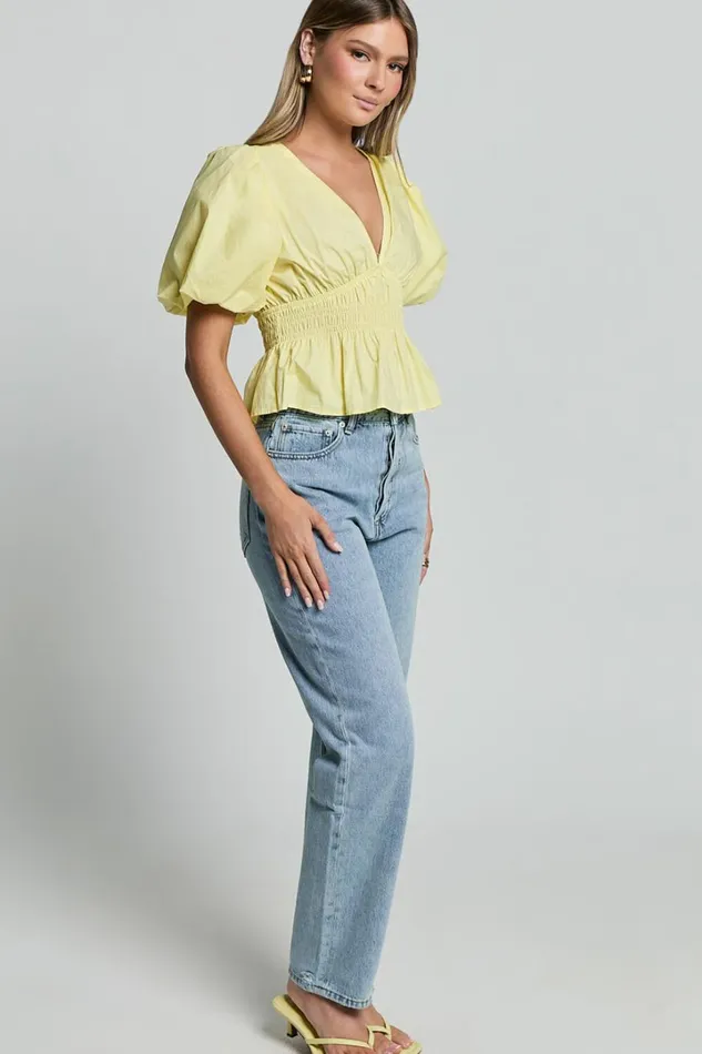 Mellie Top 8211 Puff Sleeve Peplum Top In Yellow Women Showpo Curve Clothes