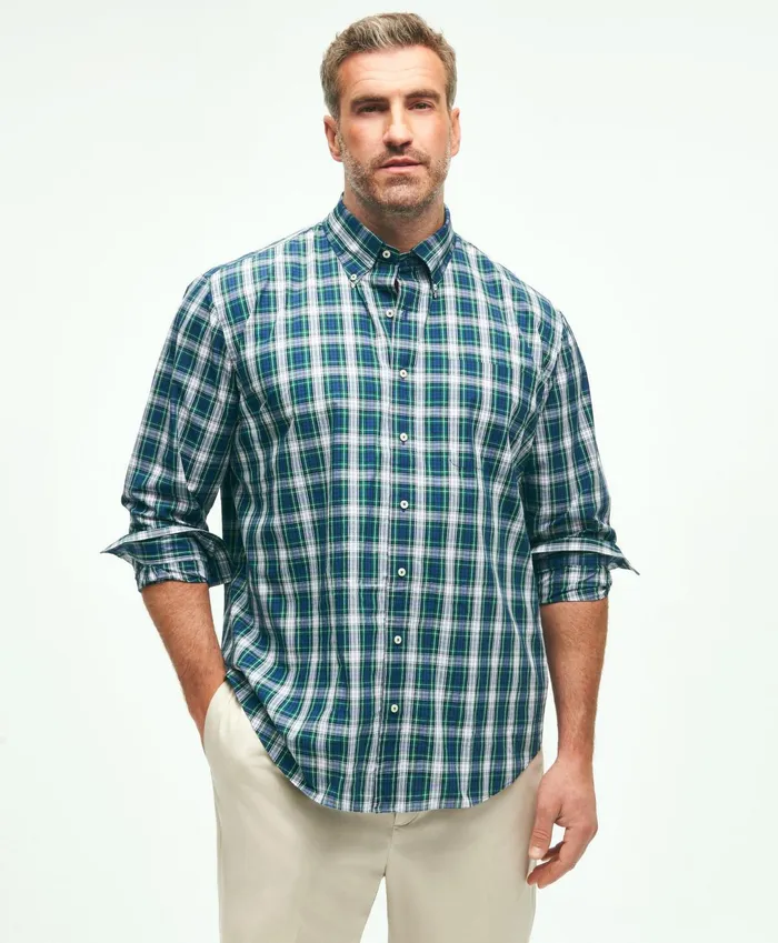 Men Big and Tall Friday Shirt Poplin Tartan White Multi Brooks Brothers Sport Shirts
