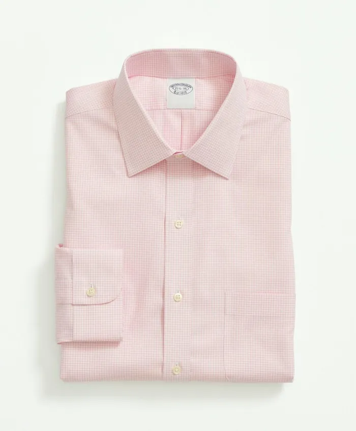 Men Big and Tall Stretch Supima Cotton NonIron Pinpoint Oxford Ainsley Collar Gingham Dress Shirt Pink Brooks Brothers Dress Shirts