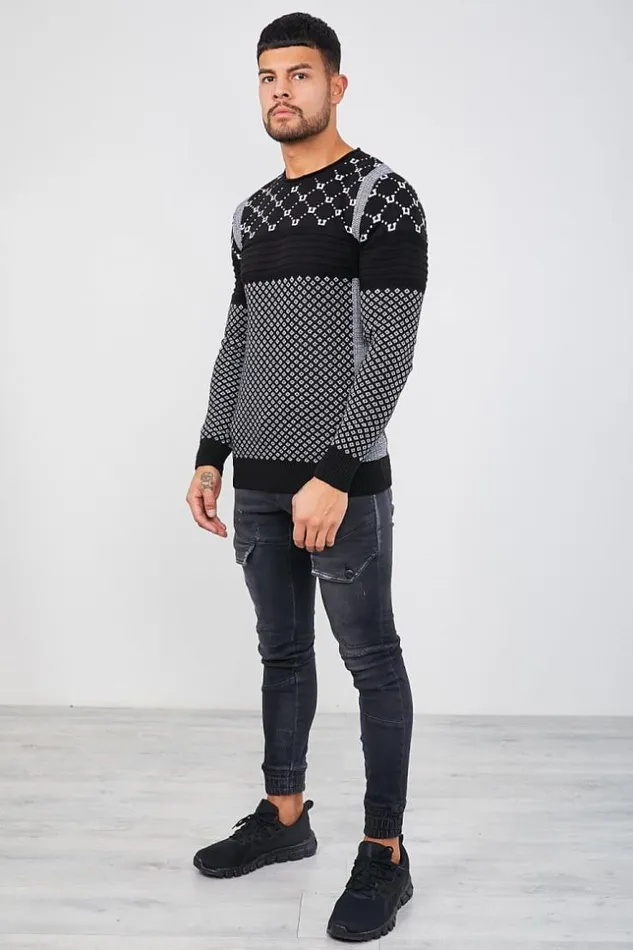 Men Black Knit Sweater With Different White Patterns Black Brentiny Paris Sweatshirts and Pullovers Men Black Knit Sweater With Different White Patterns Black Brentiny Paris Sweatshirts and Pullovers