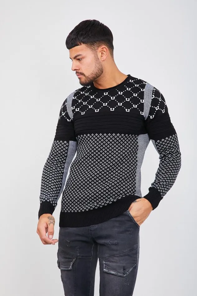 Men Black Knit Sweater With Different White Patterns Black Brentiny Paris Sweatshirts and Pullovers