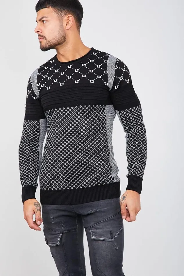 Men Black Knit Sweater With Different White Patterns Black Brentiny Paris Sweatshirts and Pullovers