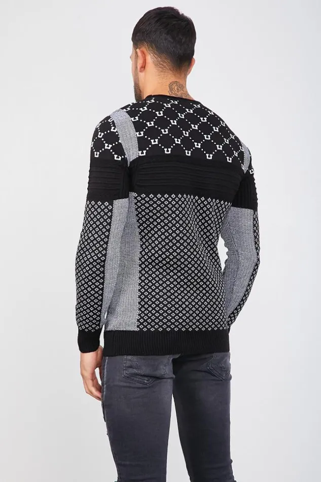 Men Black Knit Sweater With Different White Patterns Black Brentiny Paris Sweatshirts and Pullovers