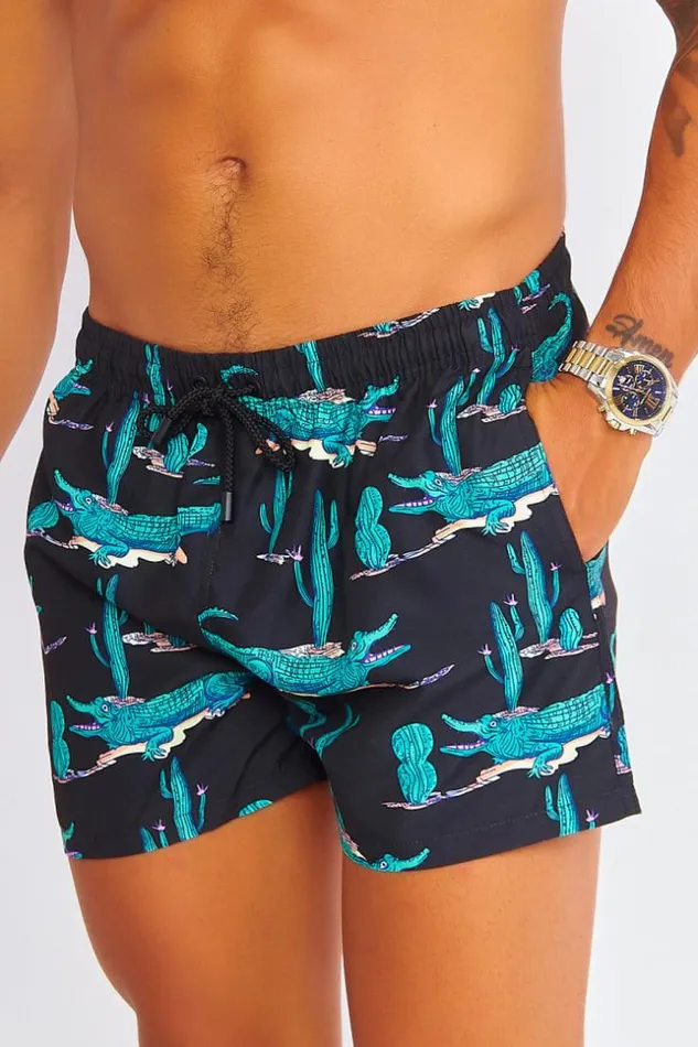 Men Black Swim Shorts With Green Crocodiles Black Brentiny Paris Shorts