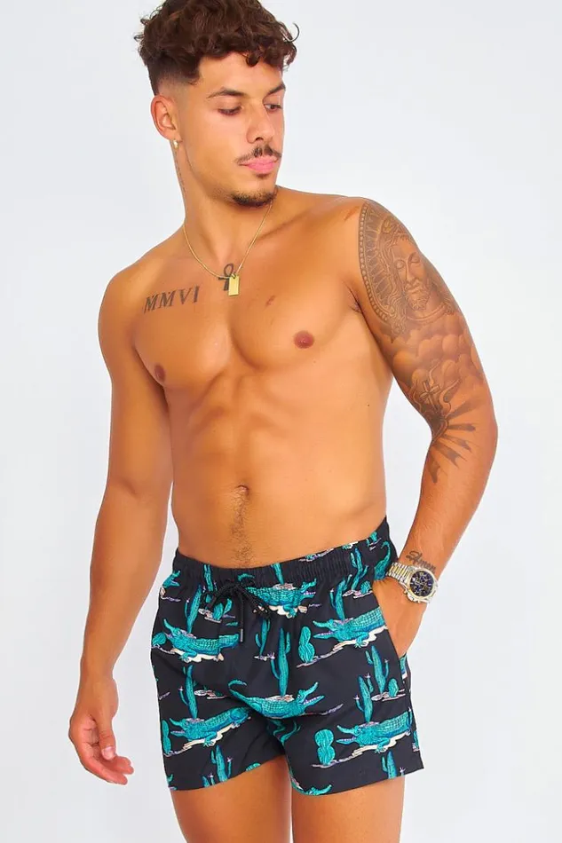 Men Black Swim Shorts With Green Crocodiles Black Brentiny Paris Shorts