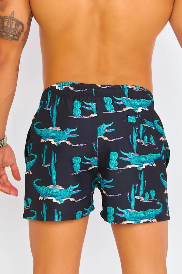 Men Black Swim Shorts With Green Crocodiles Black Brentiny Paris Shorts