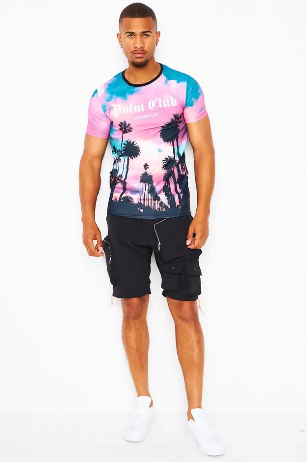 Men Blue And Pink TShirt With Palm Trees Pink Brentiny Paris TShirts