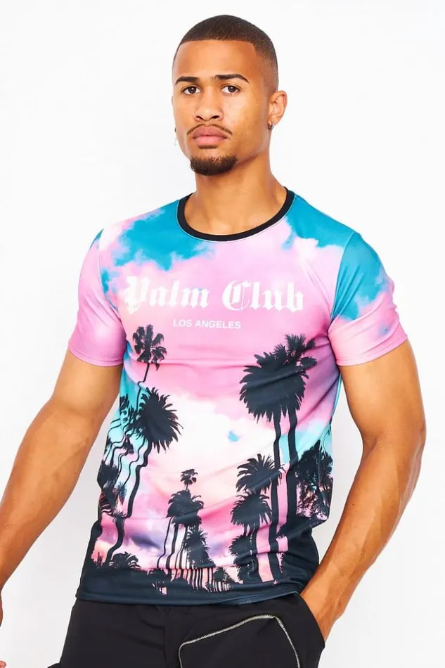Men Blue And Pink TShirt With Palm Trees Pink Brentiny Paris TShirts