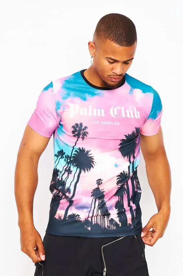 Men Blue And Pink TShirt With Palm Trees Pink Brentiny Paris TShirts